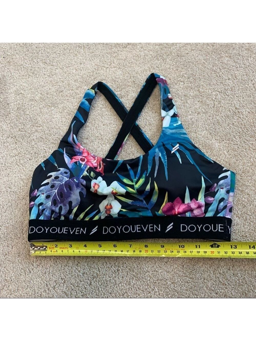 DOYOUEVEN black multicoloured floral tropical crisscross back sports bra Sz L - Picture 8 of 10